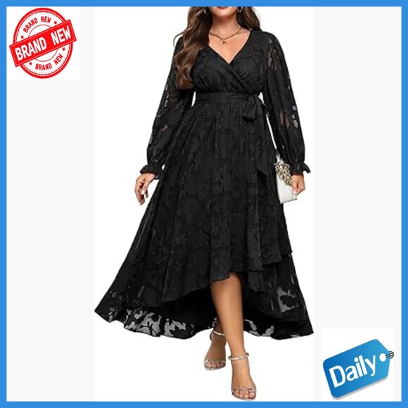 Plus Size Formal Maxi Dress Long Sleeve Wrap V Neck High Low with Belt